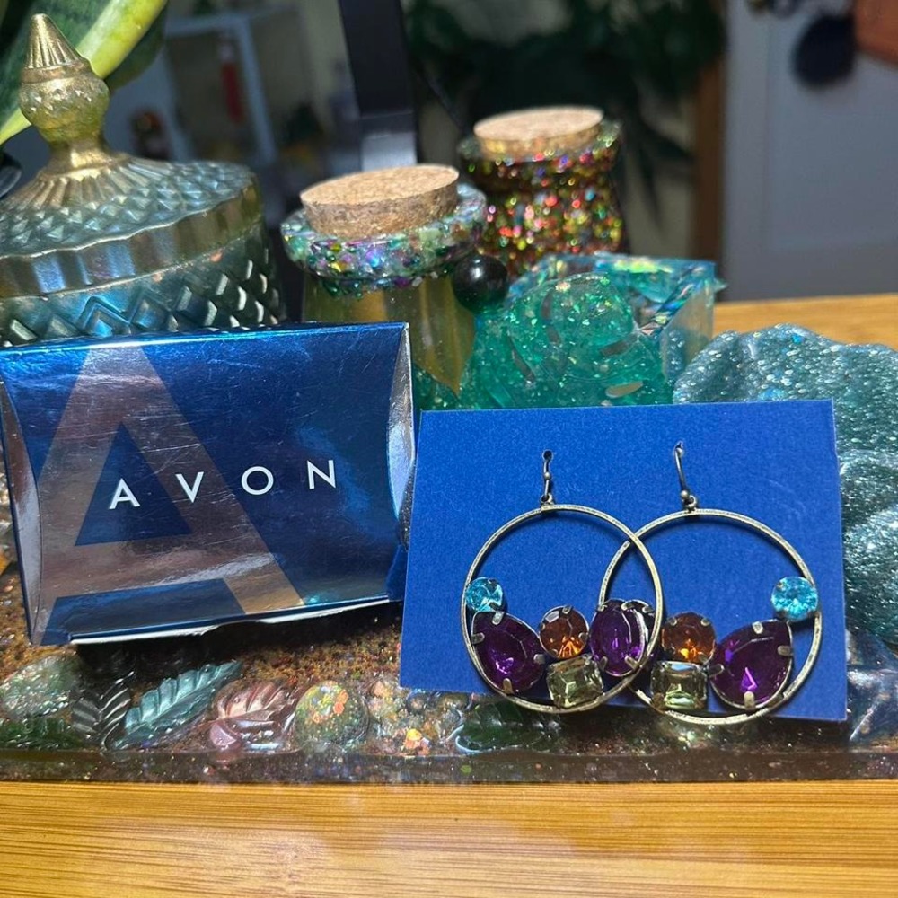 Signed Avon 2008 Jeweltone Hoop Earrings Dangle Rhinestone Fashion Costume Vtg